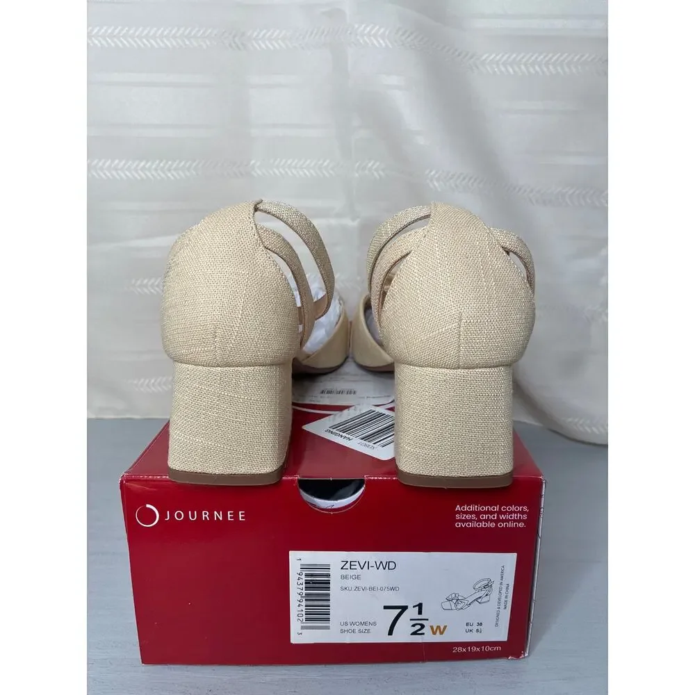 Journee Collection Zevi Linen Block Heel Sandals Beige Size 7.5 Wide